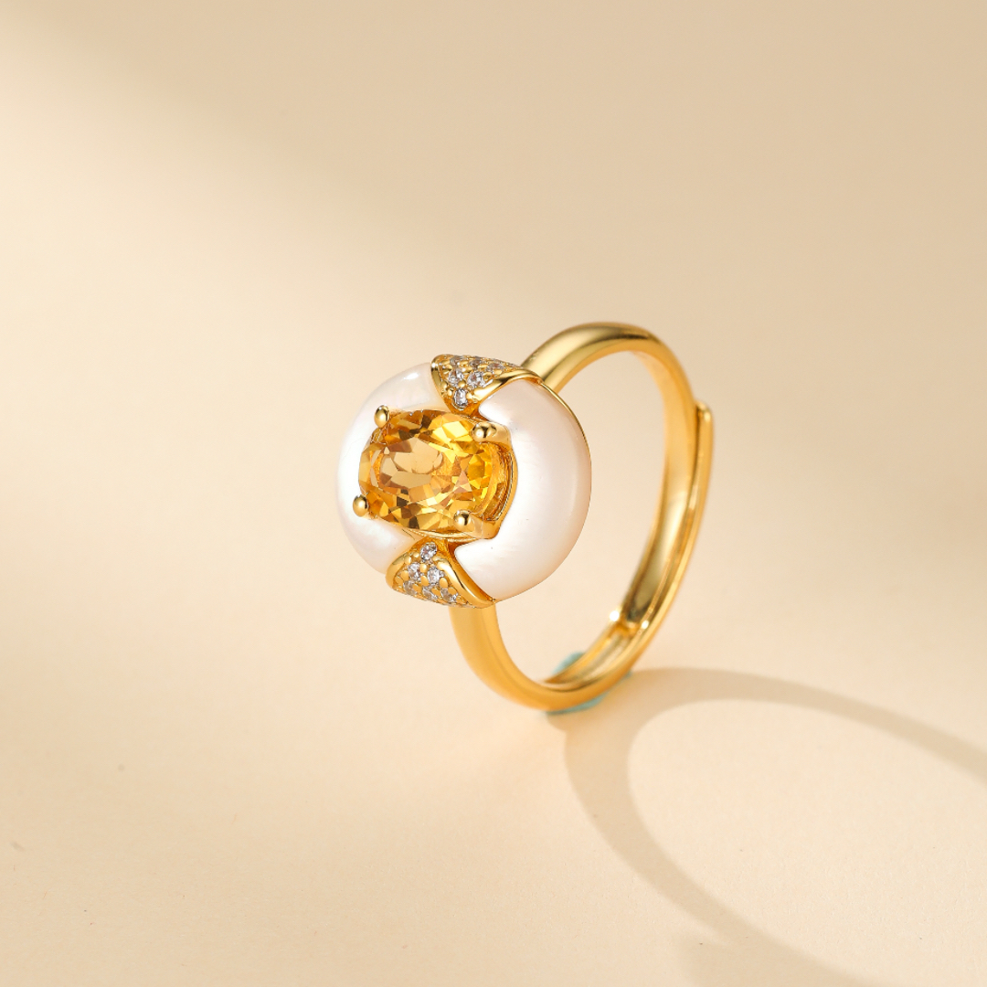 Bague Citrine et Nacre – Énergie d’Abondance, Argent Plaqué Or