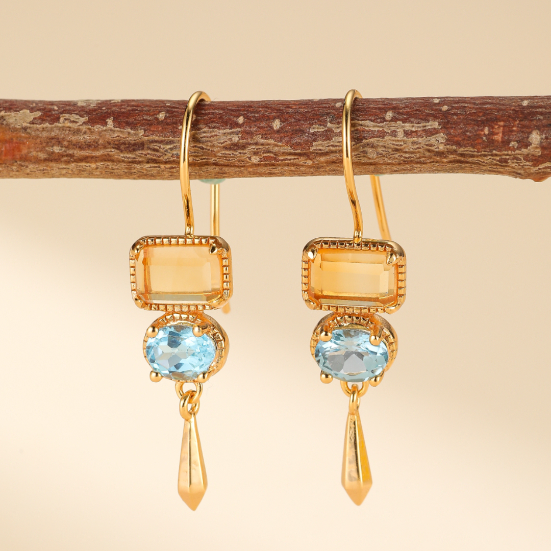 Boucles d'Oreilles Citrine et Topaze – Duo Céleste, Argent Plaqué Or