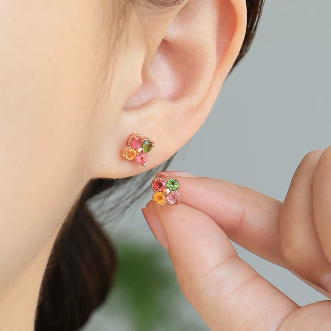 Boucles d'Oreilles Trèfle Tourmaline – Éclat de Vitalité , Argent Plaqué Or 18K