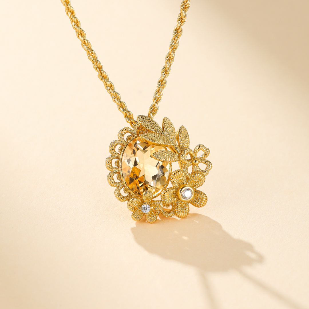 Collier Citrine – Couronne Fleurie, Argent Plaqué Or