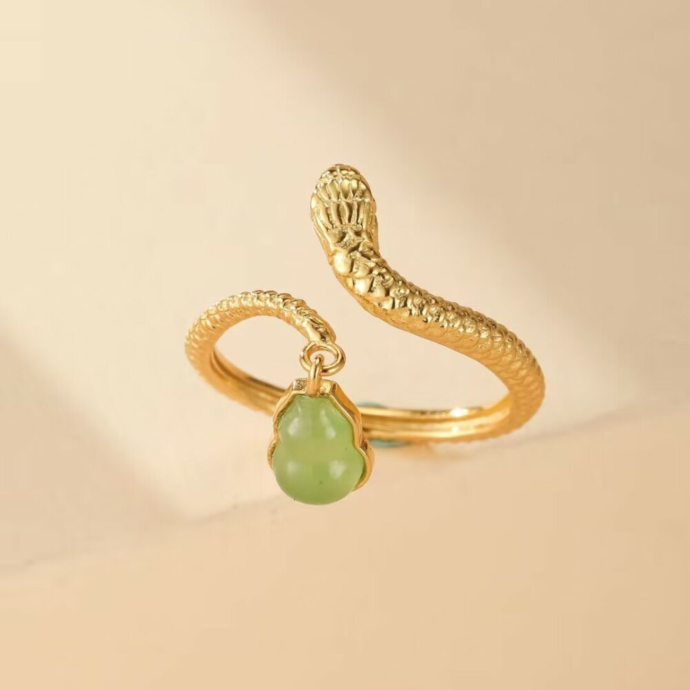 Bague Serpent et Jade – Harmonie Envoûtante, Argent Plaqué Or