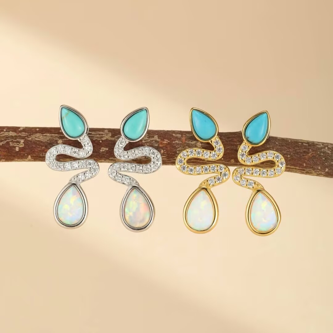 Boucles d'Oreilles Serpent Opale et Turquoise– Larmes de Lagon, Argent 925