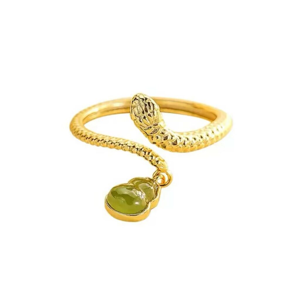 Bague Serpent et Jade – Harmonie Envoûtante, Argent Plaqué Or