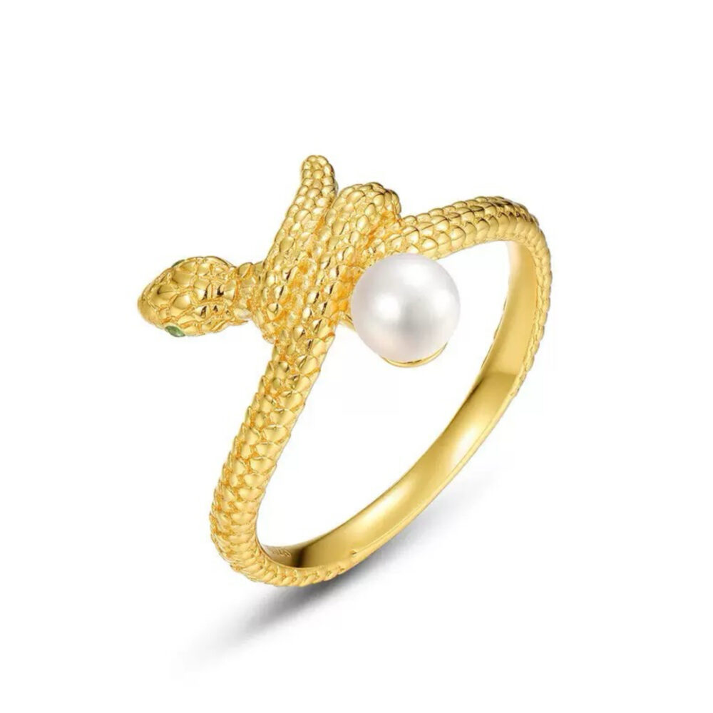 Bague Serpent Perle – Chant Opalin, Argent Plaqué Or