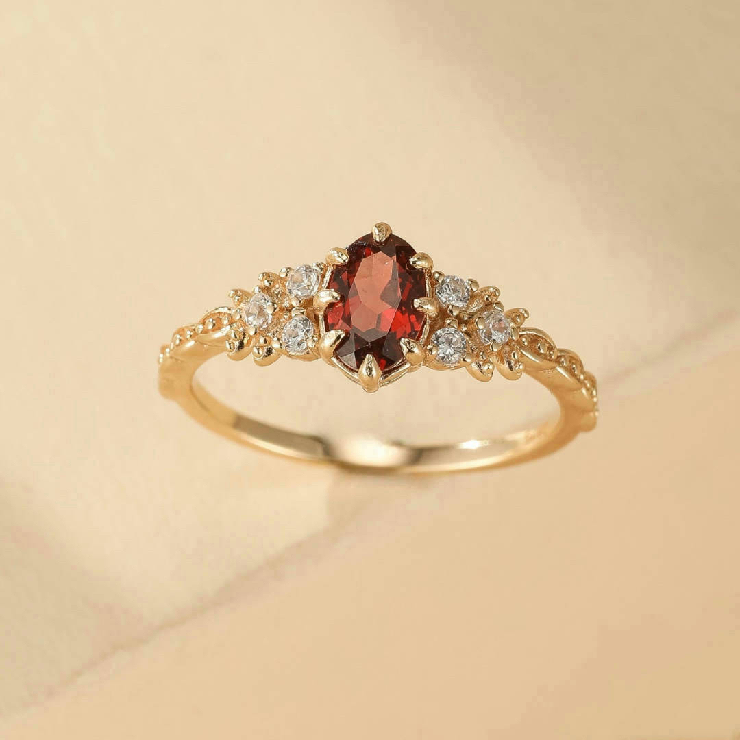 Bague Grenat – Fleur de Passion, Argent Plaqué Or