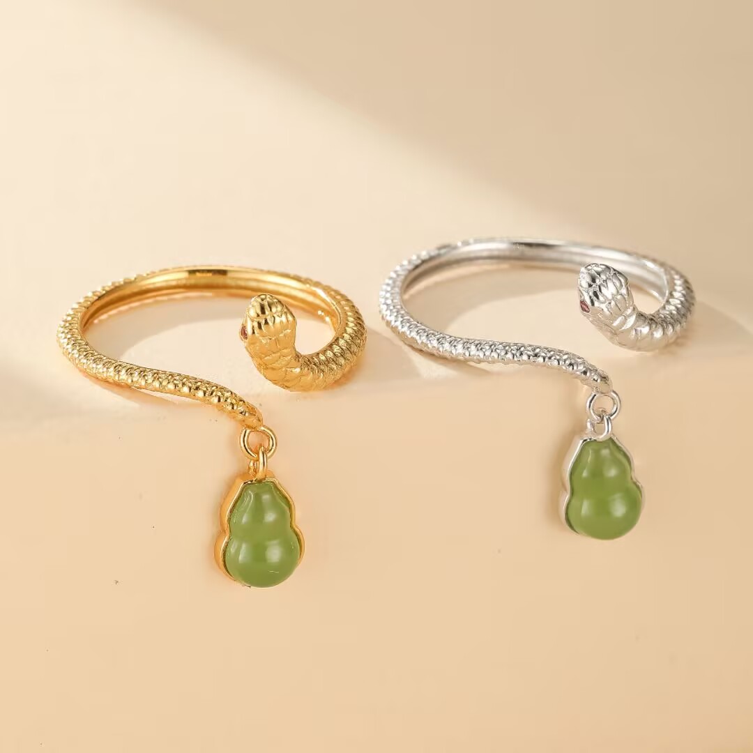 Bague Serpent et Jade – Harmonie Envoûtante, Argent Plaqué Or