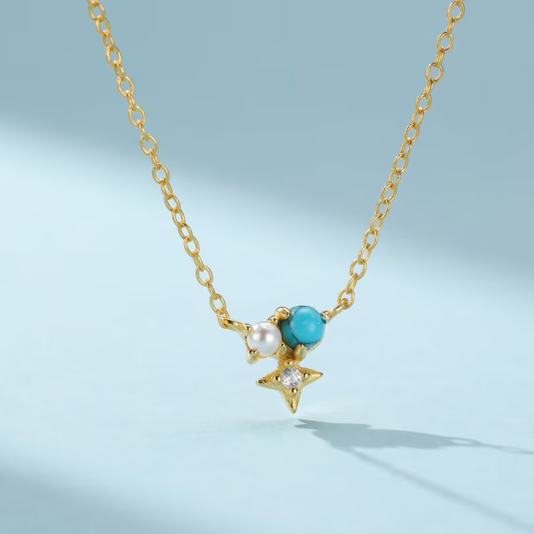 Collier Turquoise et Perle – Oracle des Vagues, Argent Plaqué Or