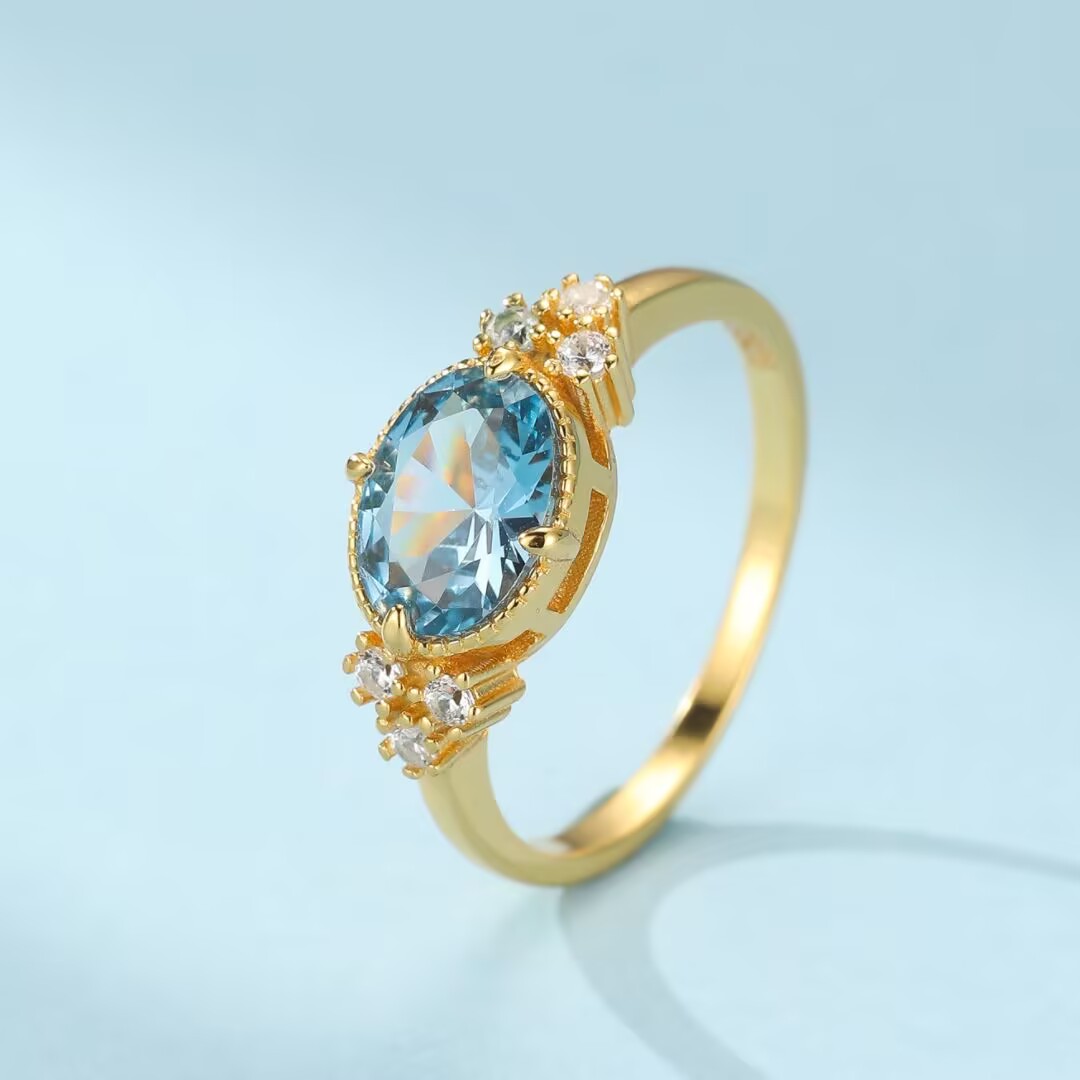 Bague Aigue marine – Fleur d’Écume, Argent Plaqué Or