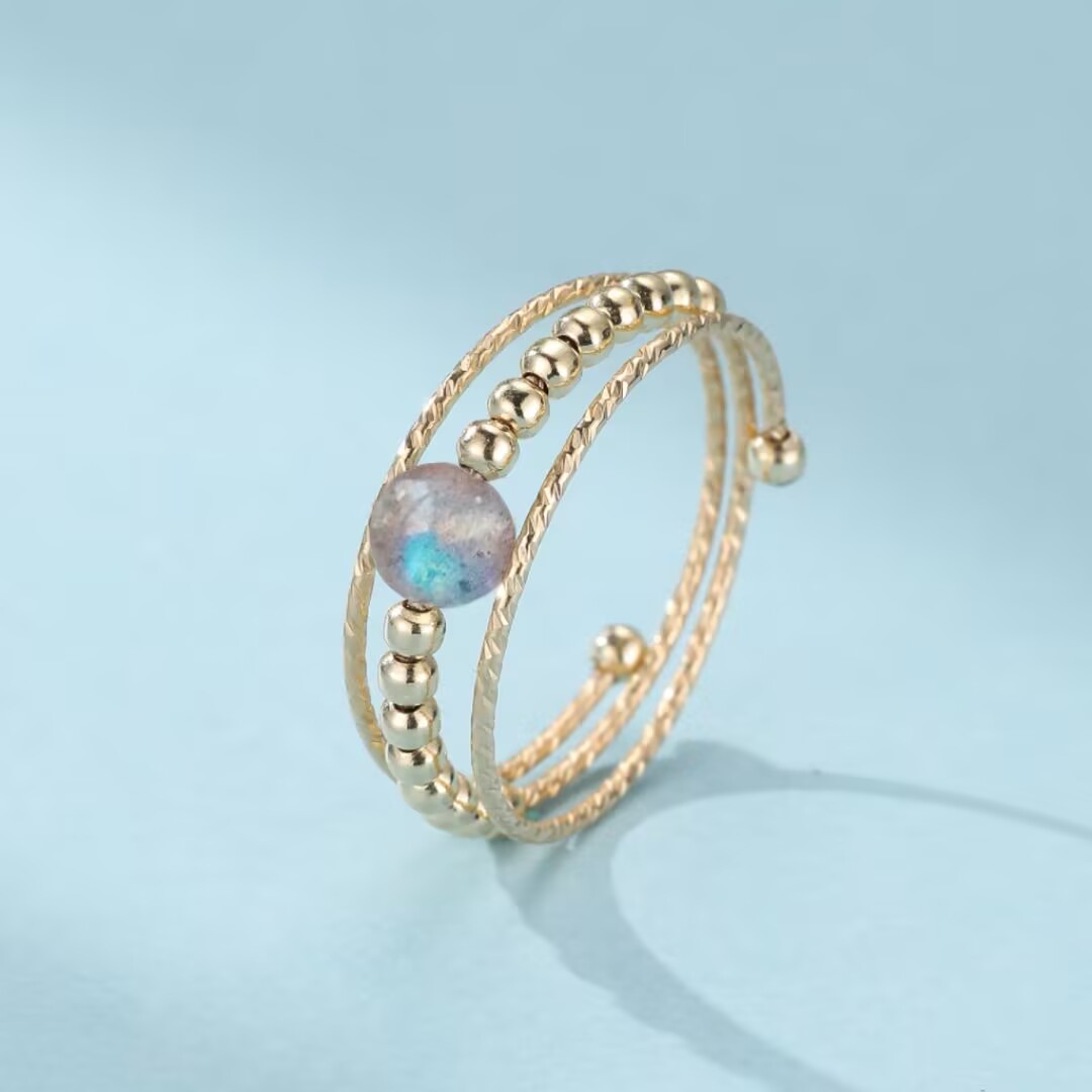 Bague Labradorite – Éclat Solaire, Laiton Plaqué Or 14K