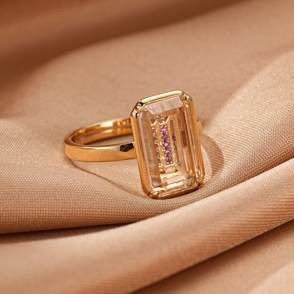 Bague Cristal de Roche – Reflet Précieux, Argent Plaqué Or 10K