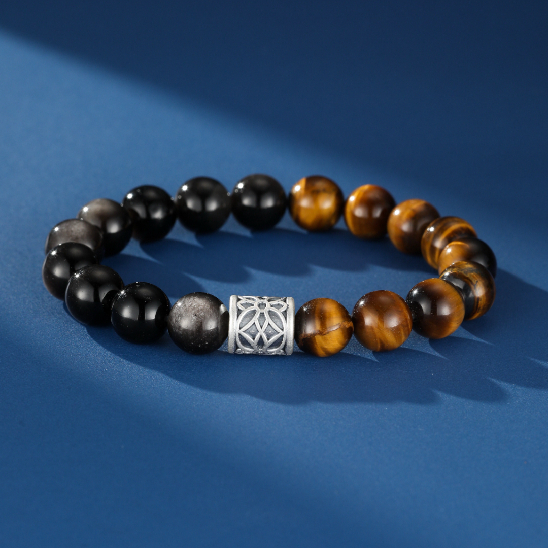 Bracelet Homme Œil de Tigre et Obsidienne – Harmonie Souterraine, Argent