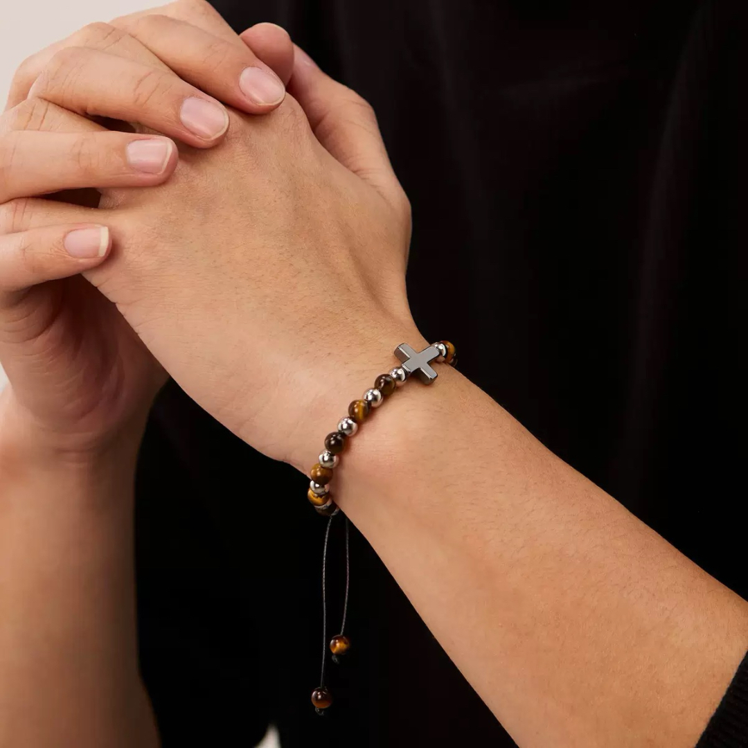 Bracelet Homme Œil de Tigre et Hématite – Croix de Foi