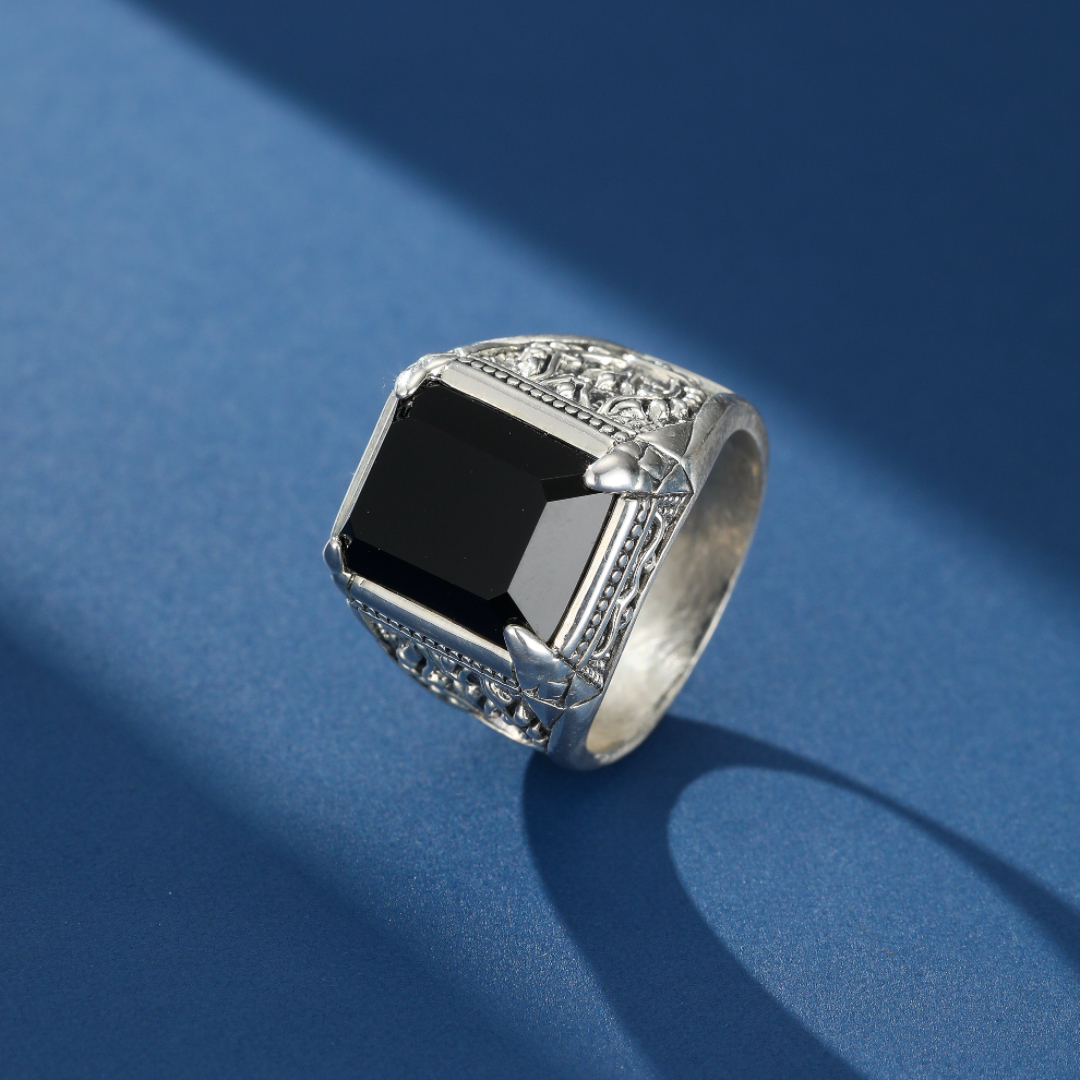 Bague Homme Obsidienne – Sceau Royal, Argent