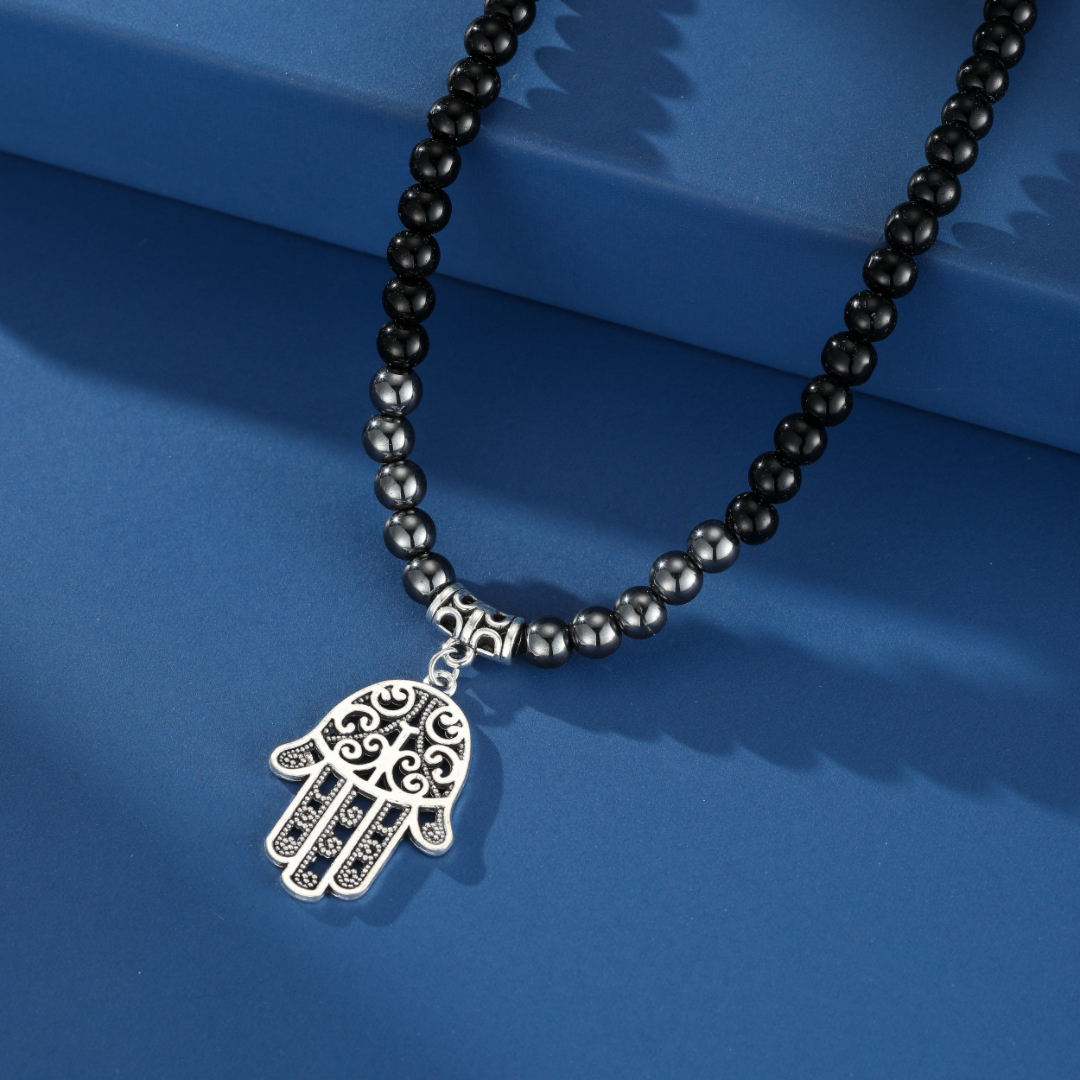 Collier Homme Hématite et Obsidienne – Main Mystique