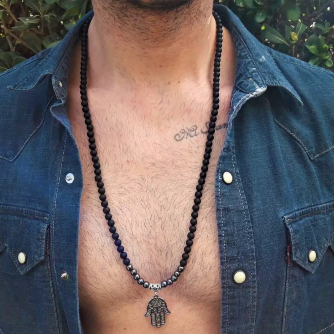 Collier Homme Hématite et Obsidienne – Main Mystique