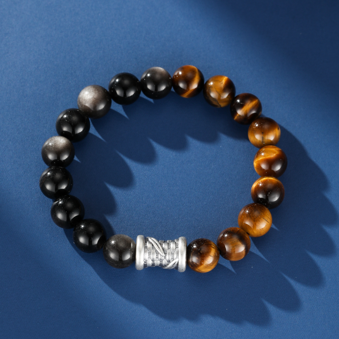 Bracelet Homme Œil de Tigre et Obsidienne – Force Tissée, Argent