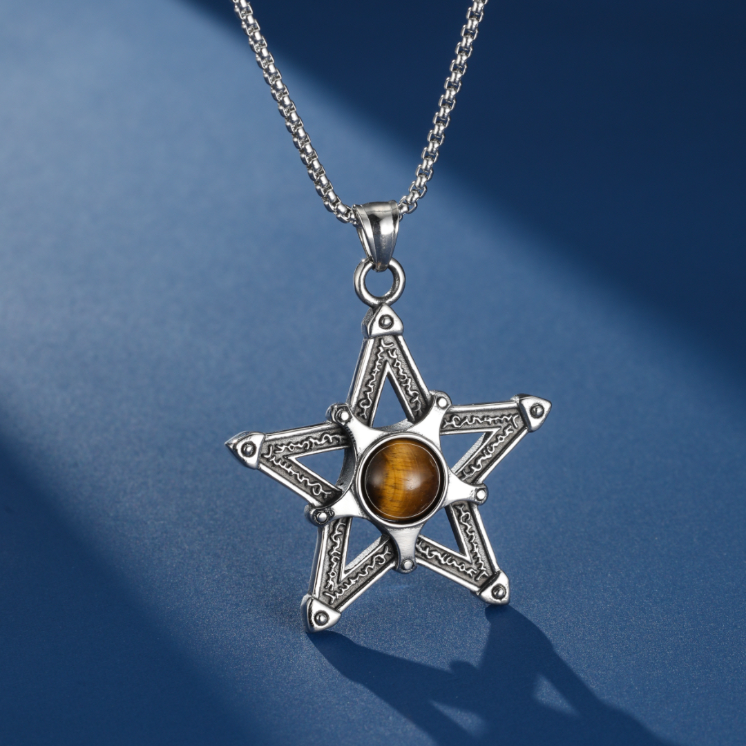 Collier Homme Œil de Tigre – Pentacle Sacré