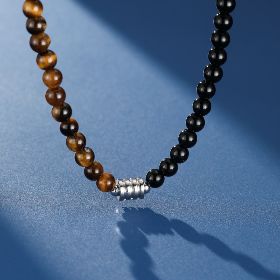 Collier Homme Œil de Tigre et Obsidienne – Fusion Mystique