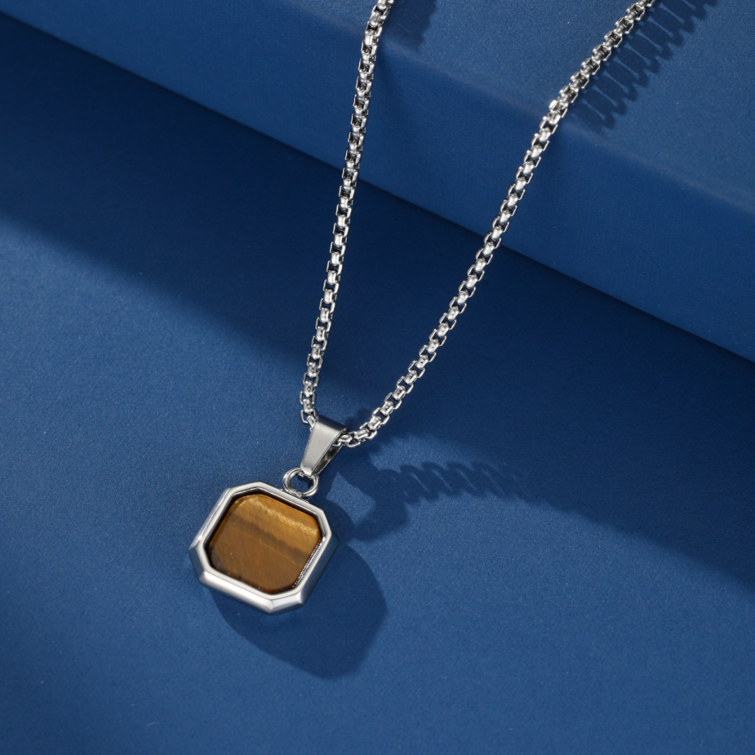 Collier Homme Œil de Tigre – Médaillon Géométrique