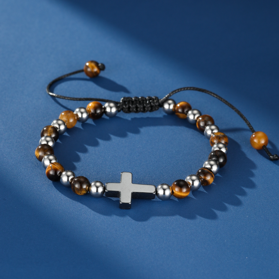 Bracelet Homme Œil de Tigre et Hématite – Croix de Foi