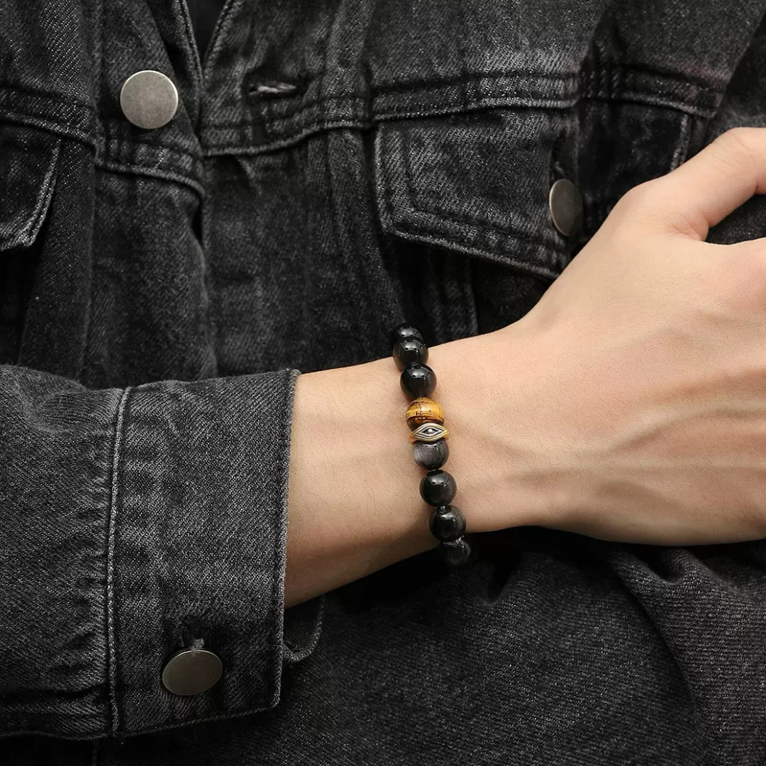 Bracelet Homme Obsidienne – Vision Nocturne, Argent