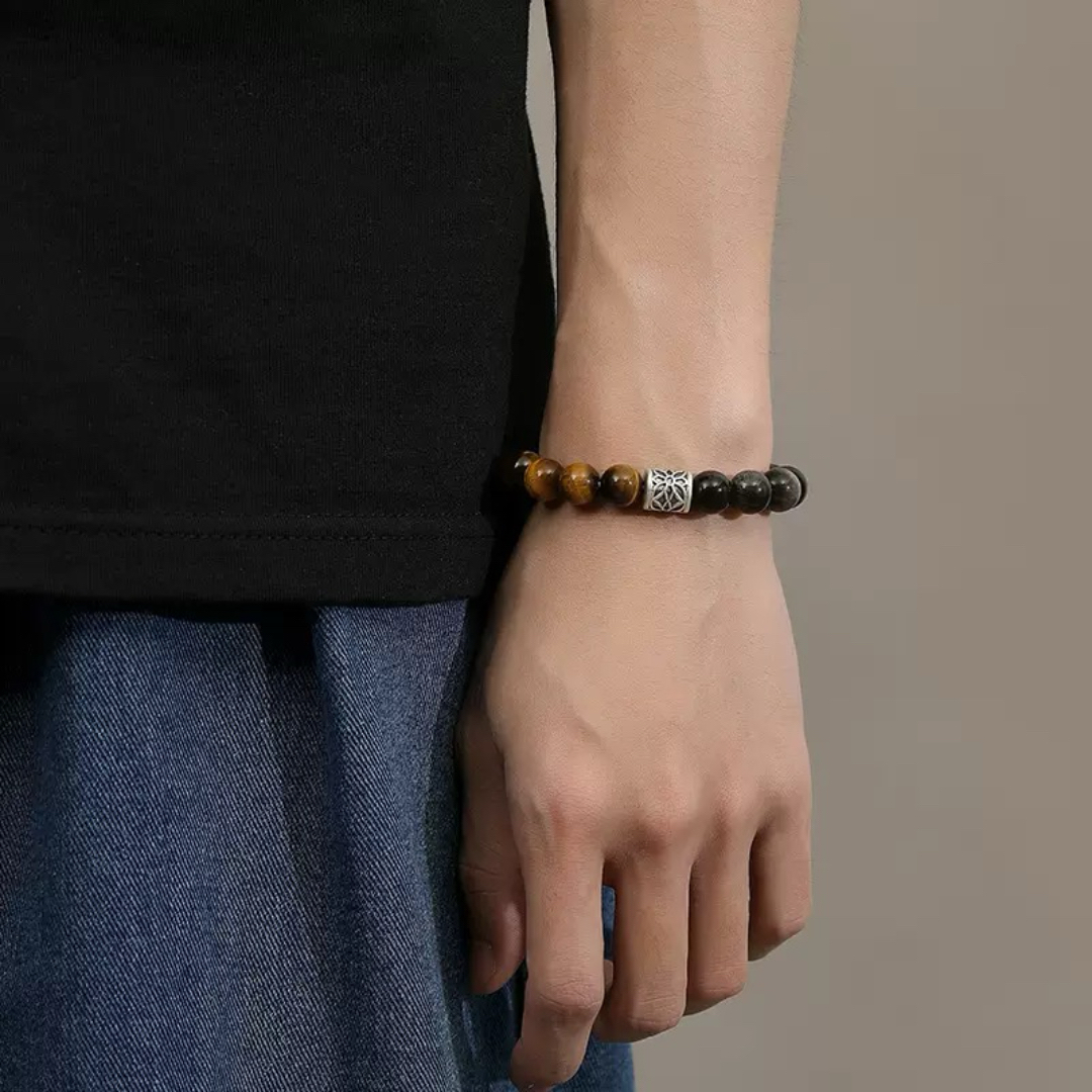 Bracelet Homme Œil de Tigre et Obsidienne – Harmonie Souterraine, Argent