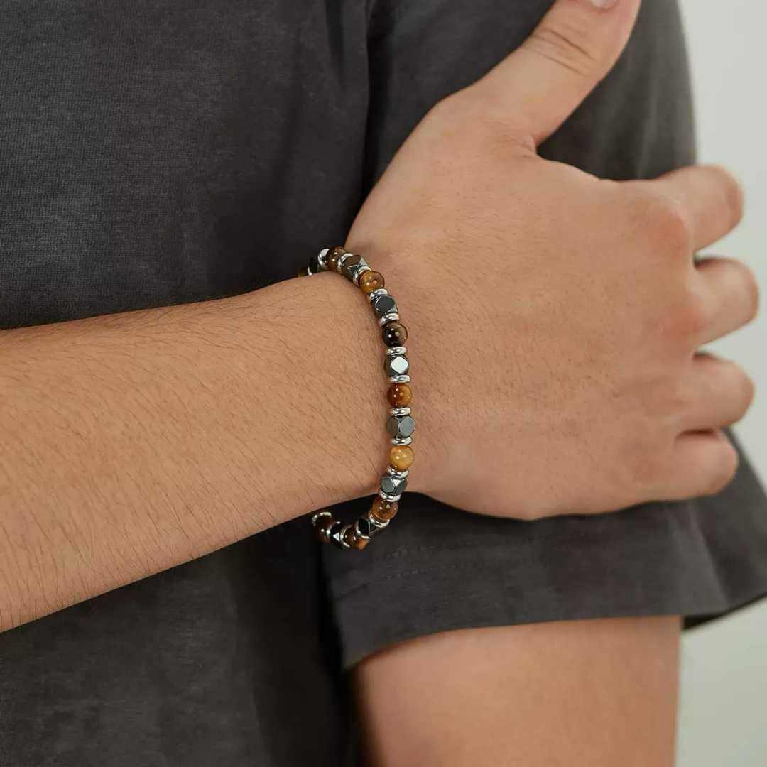 Bracelet Homme Œil de Tigre et Hématite – Alliage Précieux