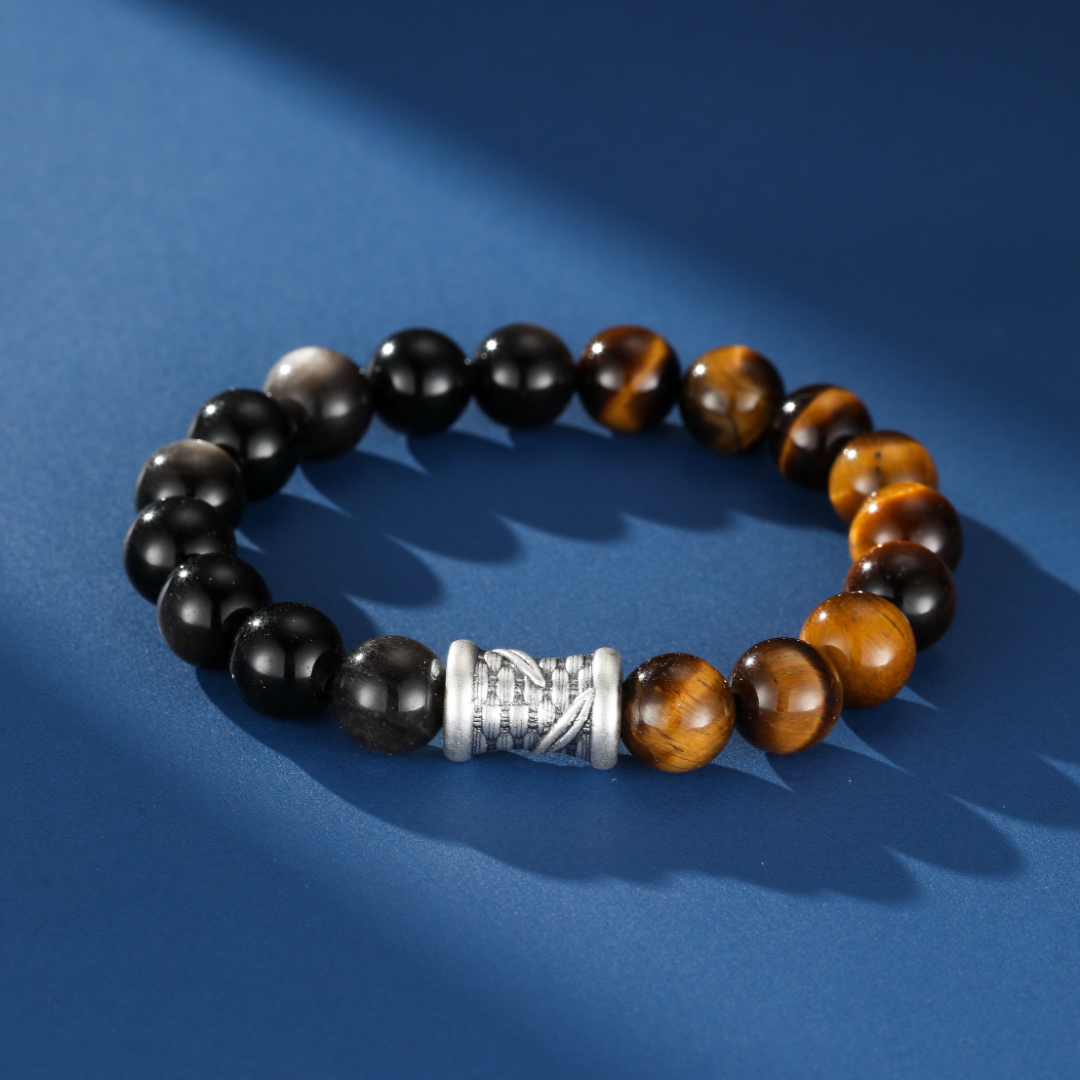 Bracelet Homme Œil de Tigre et Obsidienne – Force Tissée, Argent