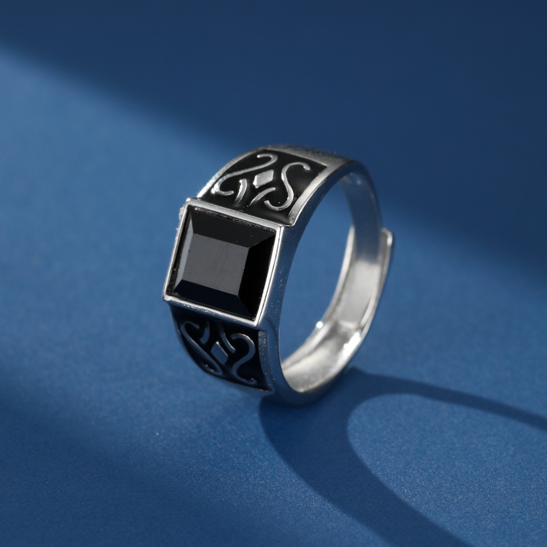 Bague Homme Obsidienne – Sceau Mystique, Argent