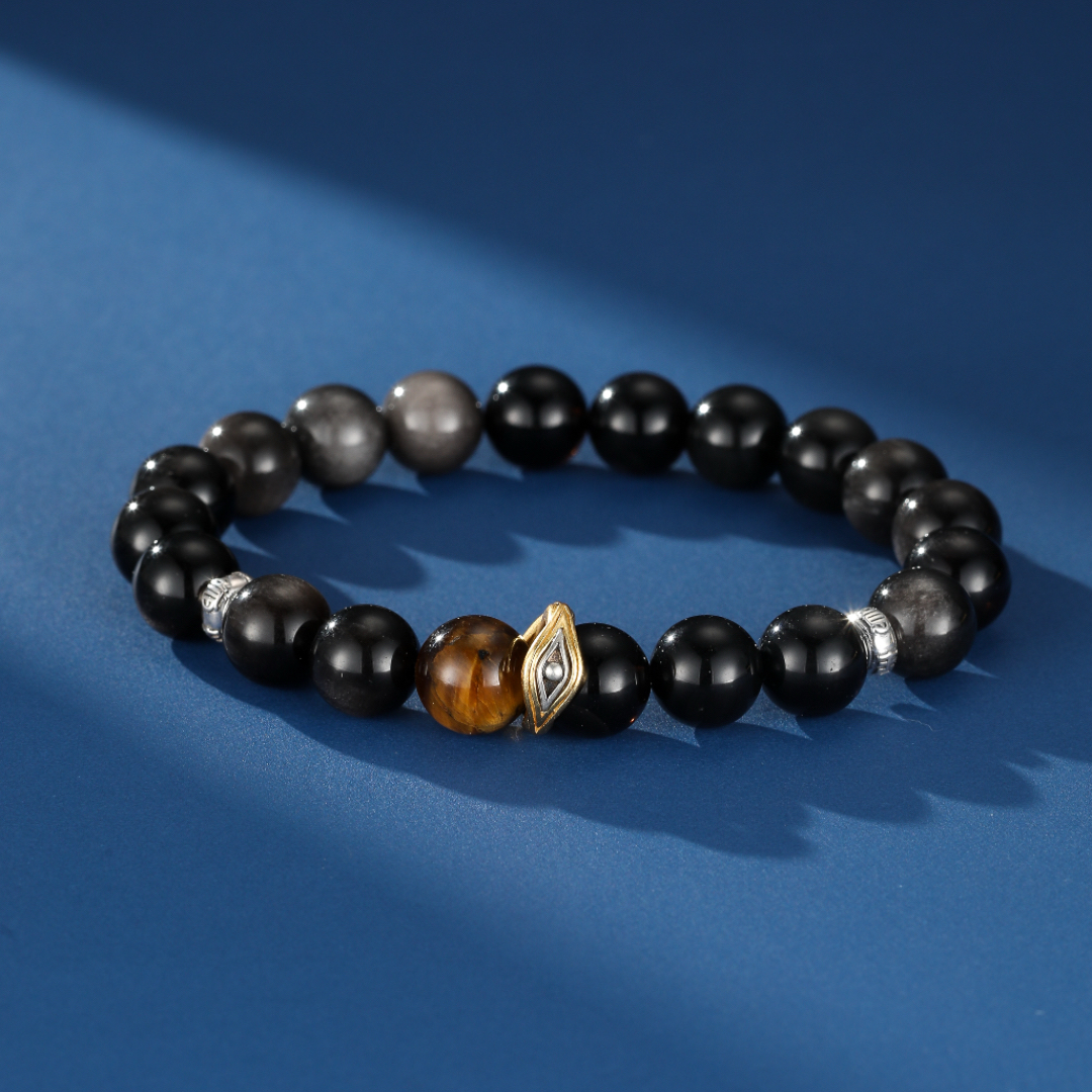 Bracelet Homme Obsidienne – Vision Nocturne, Argent