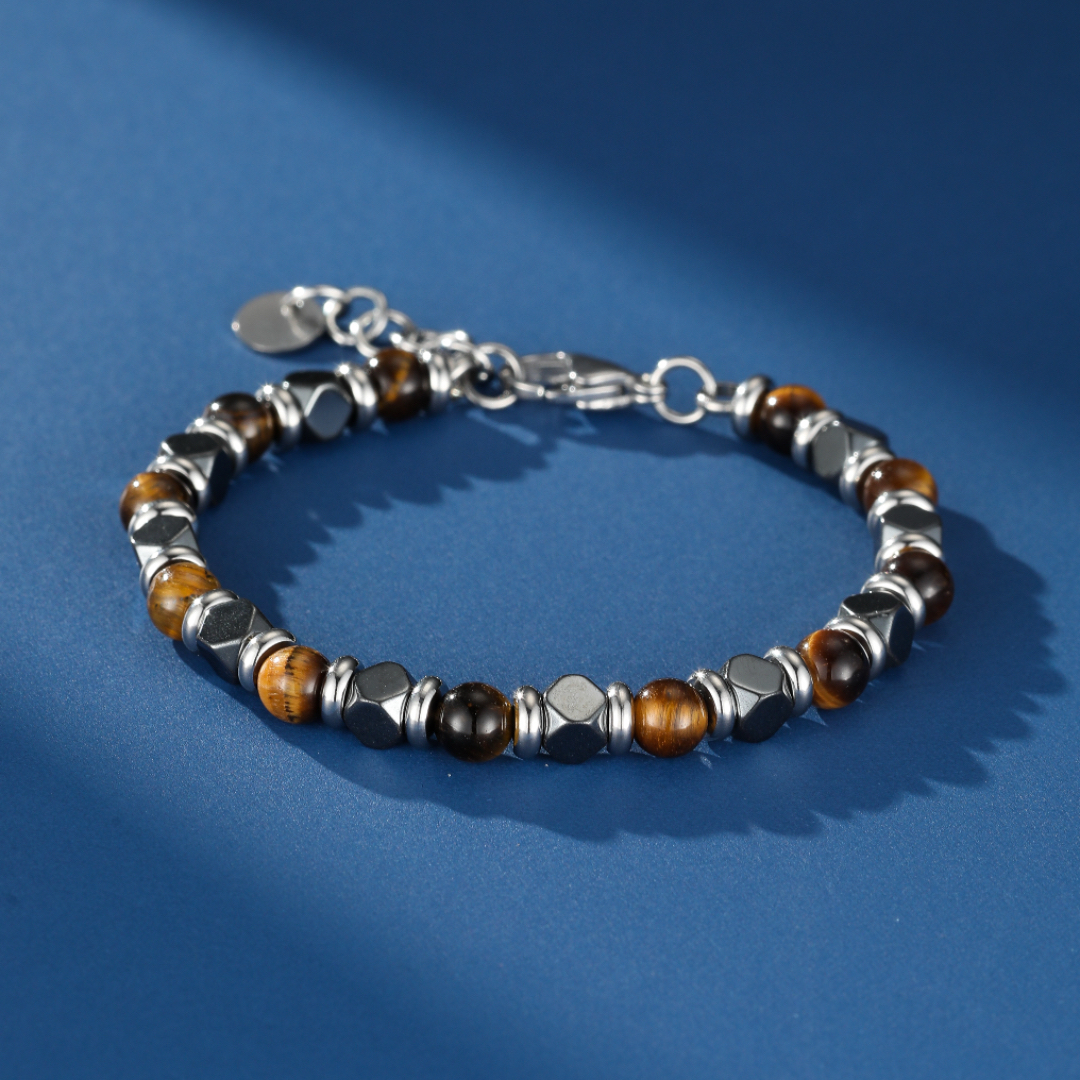 Bracelet Homme Œil de Tigre et Hématite – Alliage Précieux