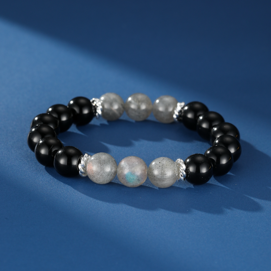 Bracelet Homme Obsidienne et Labradorite – Éclipse Intérieure, Argent