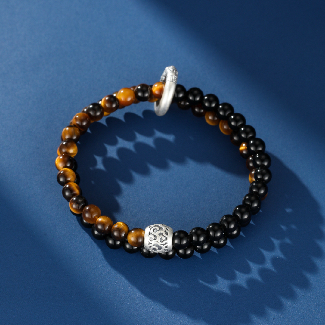 Bracelet Homme Obsidienne et Œil de Tigre – Dualité Solaire, Argent 999