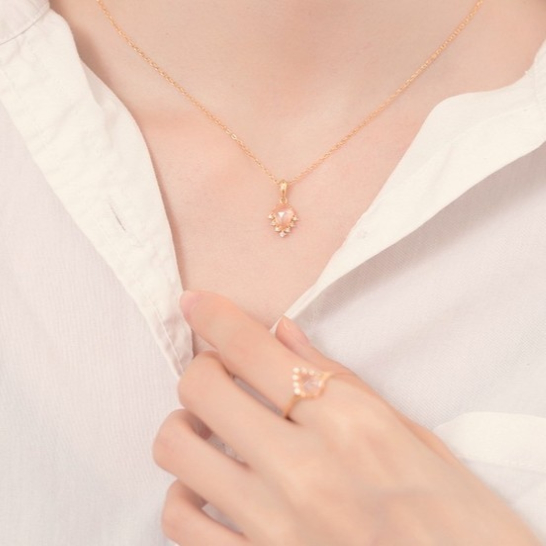 Collier Quartz Rose – Goutte Étoilée, Argent Plaqué Or 9K