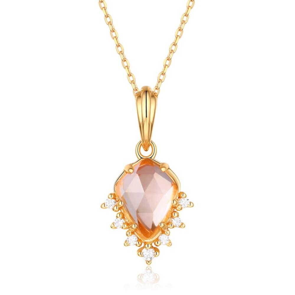 Collier Quartz Rose – Goutte Étoilée, Argent Plaqué Or 9K
