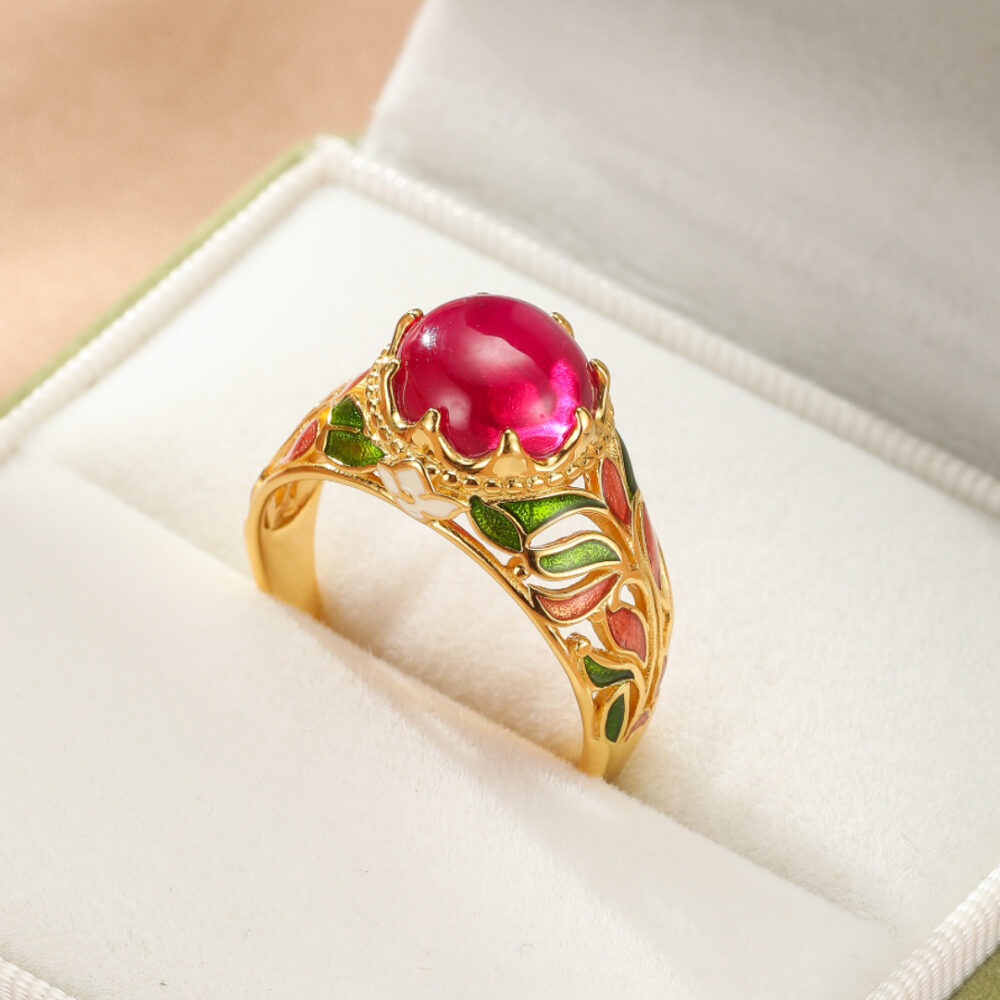 Bague Cornaline – Feuillage Impérial, Argent Émaillé