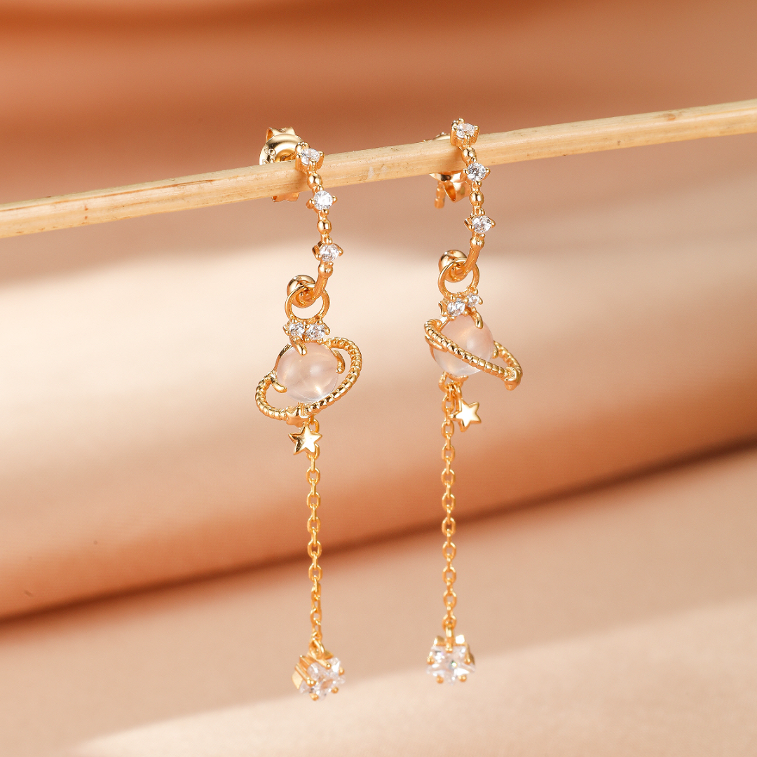 Boucles d’Oreilles Quartz Rose – Galaxie Intérieure, Argent Plaqué Or 14K