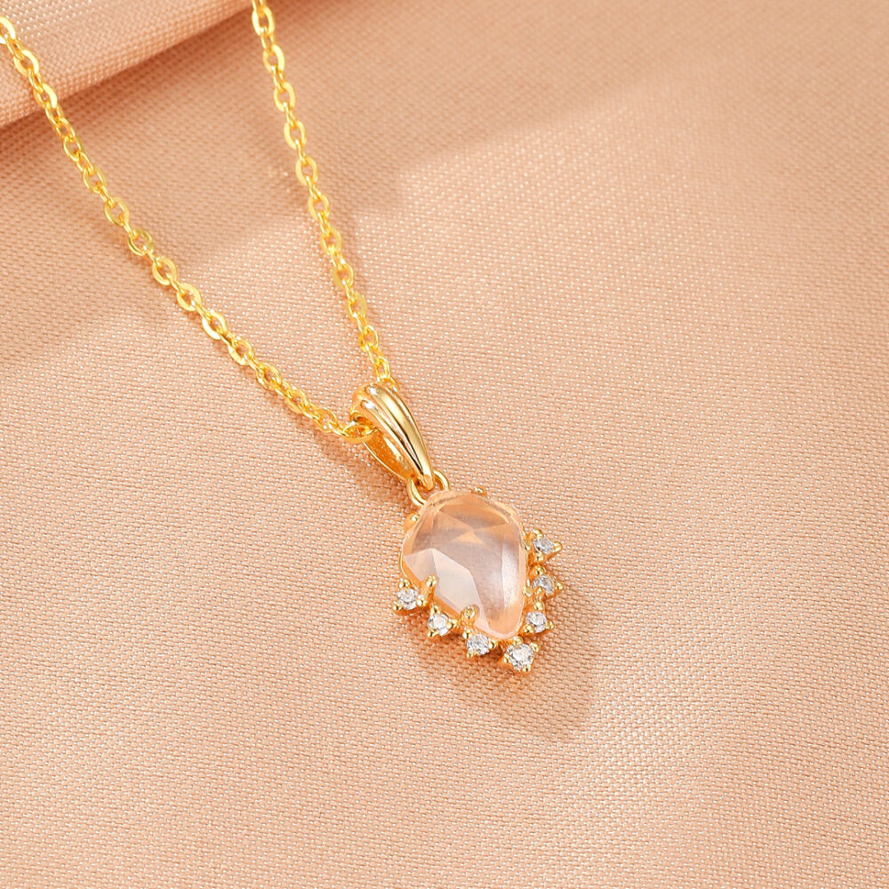 Collier Quartz Rose – Goutte Étoilée, Argent Plaqué Or 9K