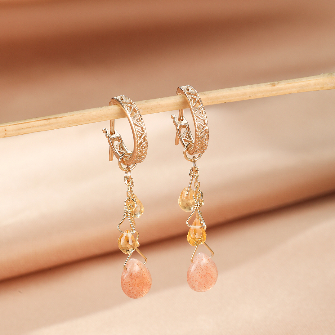 Boucles d'Oreilles Pierre de Soleil et Citrine – Rayons Bohèmes, Argent Plaqué Or