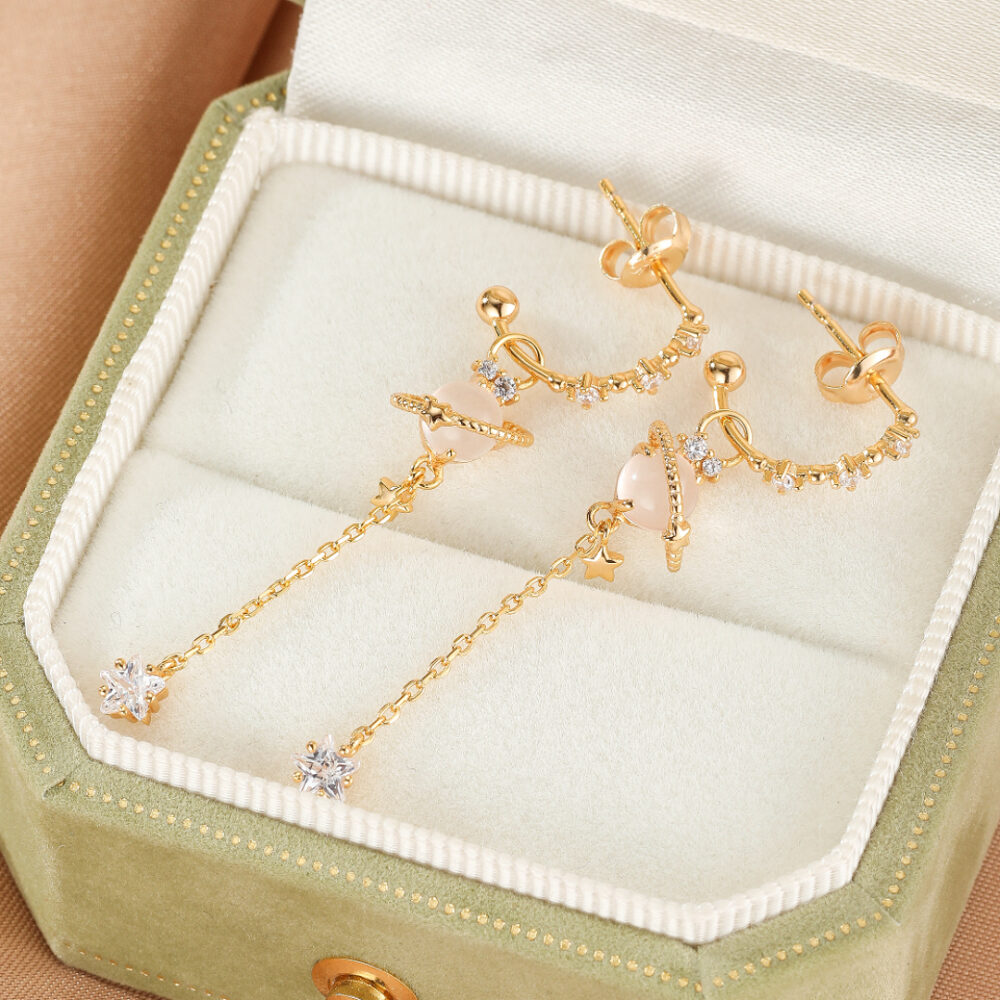 Boucles d’Oreilles Quartz Rose – Galaxie Intérieure, Argent Plaqué Or 14K