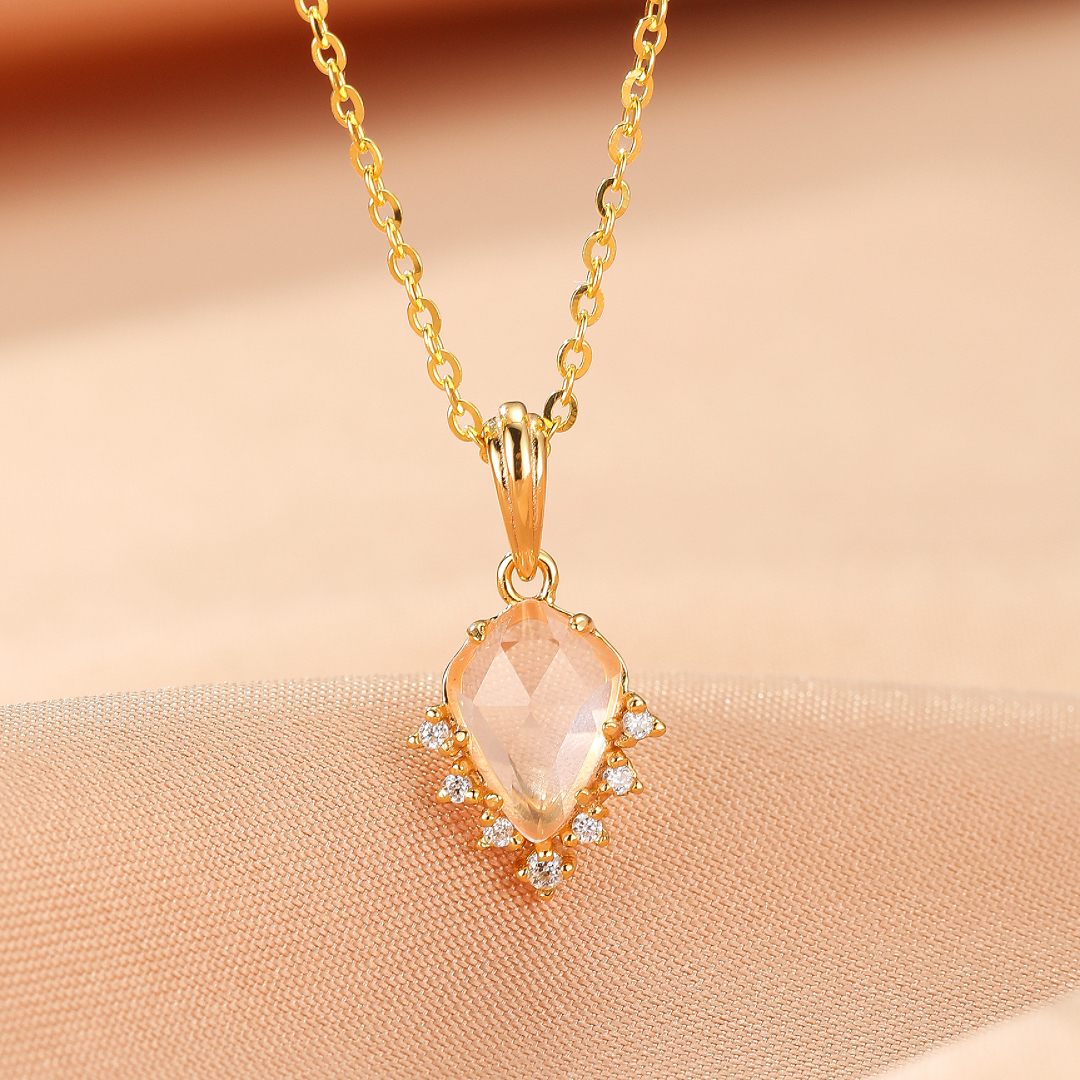 Collier Quartz Rose – Goutte Étoilée, Argent Plaqué Or 9K