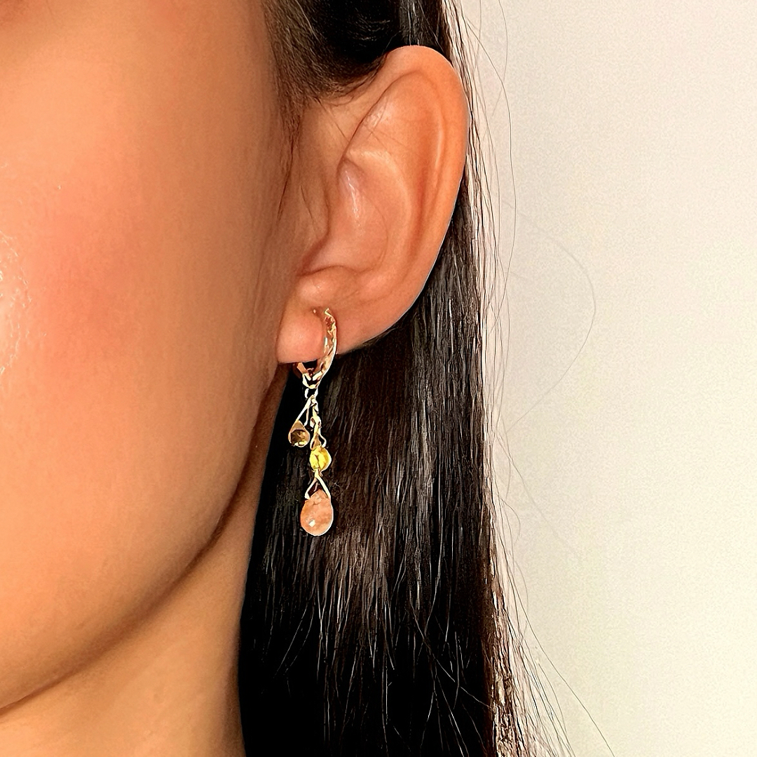 Boucles d'Oreilles Pierre de Soleil et Citrine – Rayons Bohèmes, Argent Plaqué Or