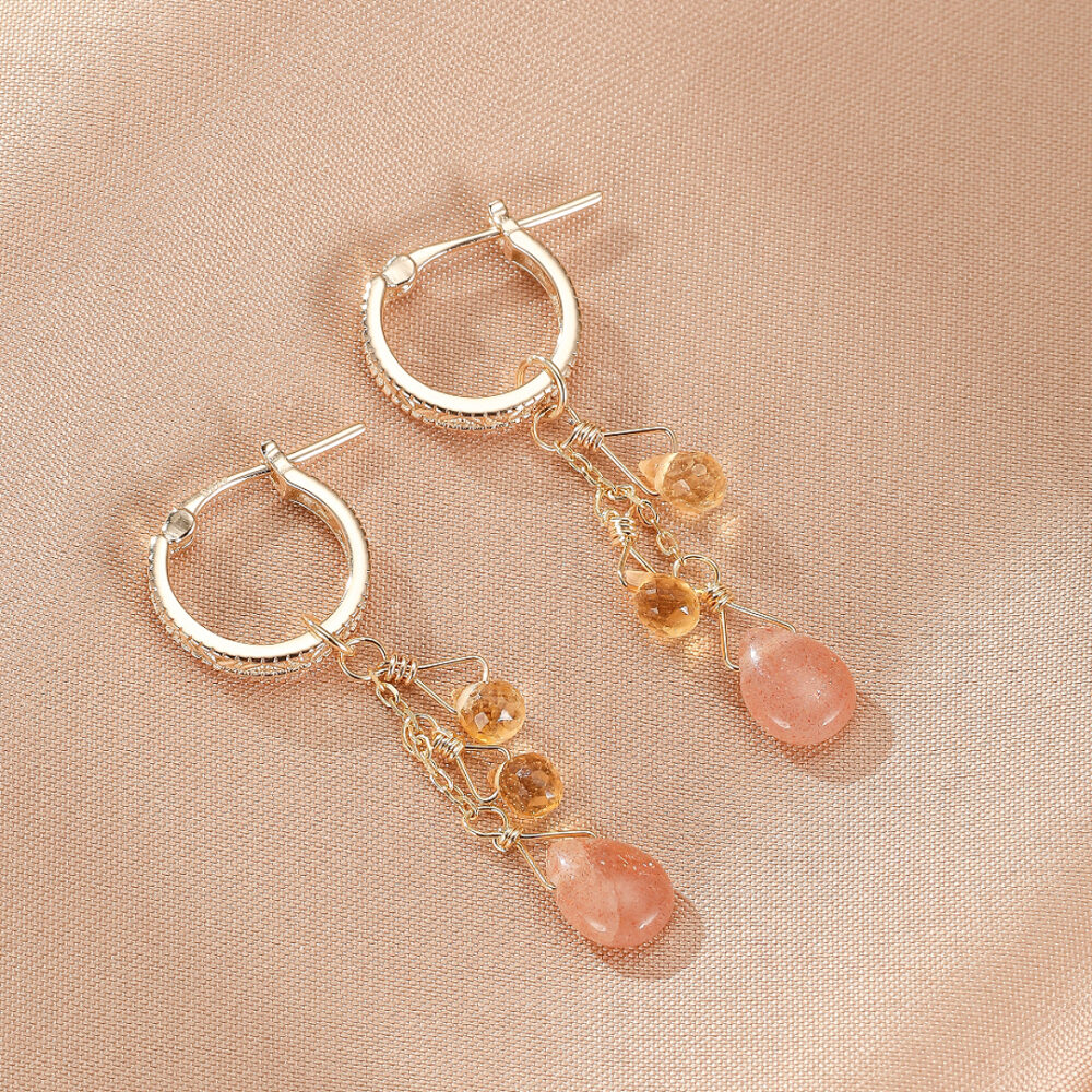 Boucles d'Oreilles Pierre de Soleil et Citrine – Rayons Bohèmes, Argent Plaqué Or