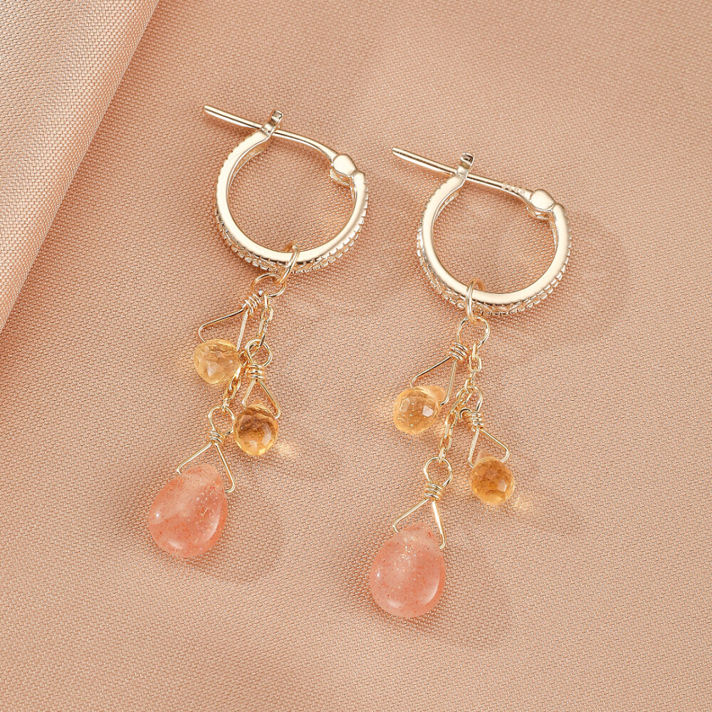 Boucles d'Oreilles Pierre de Soleil et Citrine – Rayons Bohèmes, Argent Plaqué Or