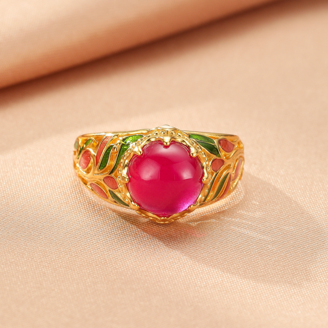 Bague Cornaline – Feuillage Impérial, Argent Émaillé
