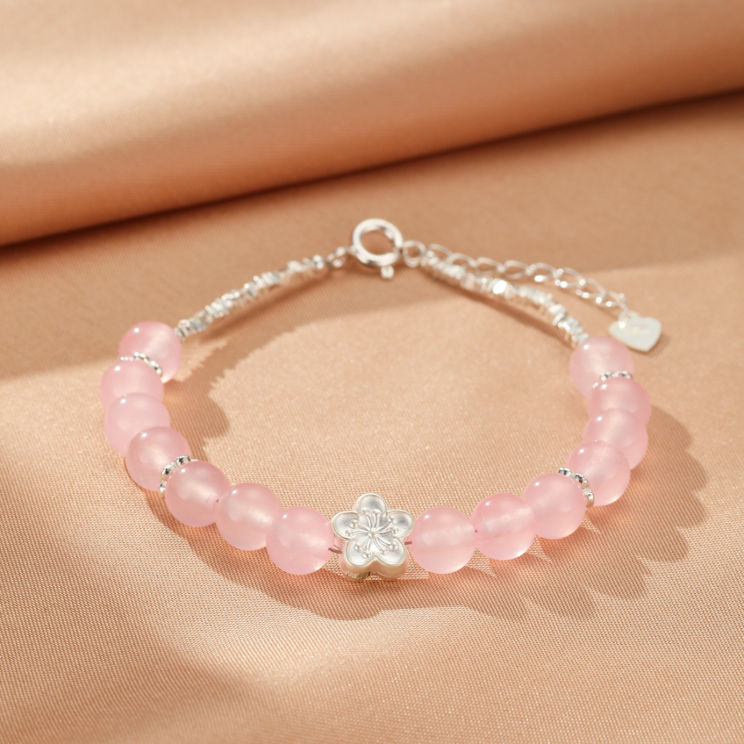 Bracelet Quartz Rose – Fleur de Sakura, Argent
