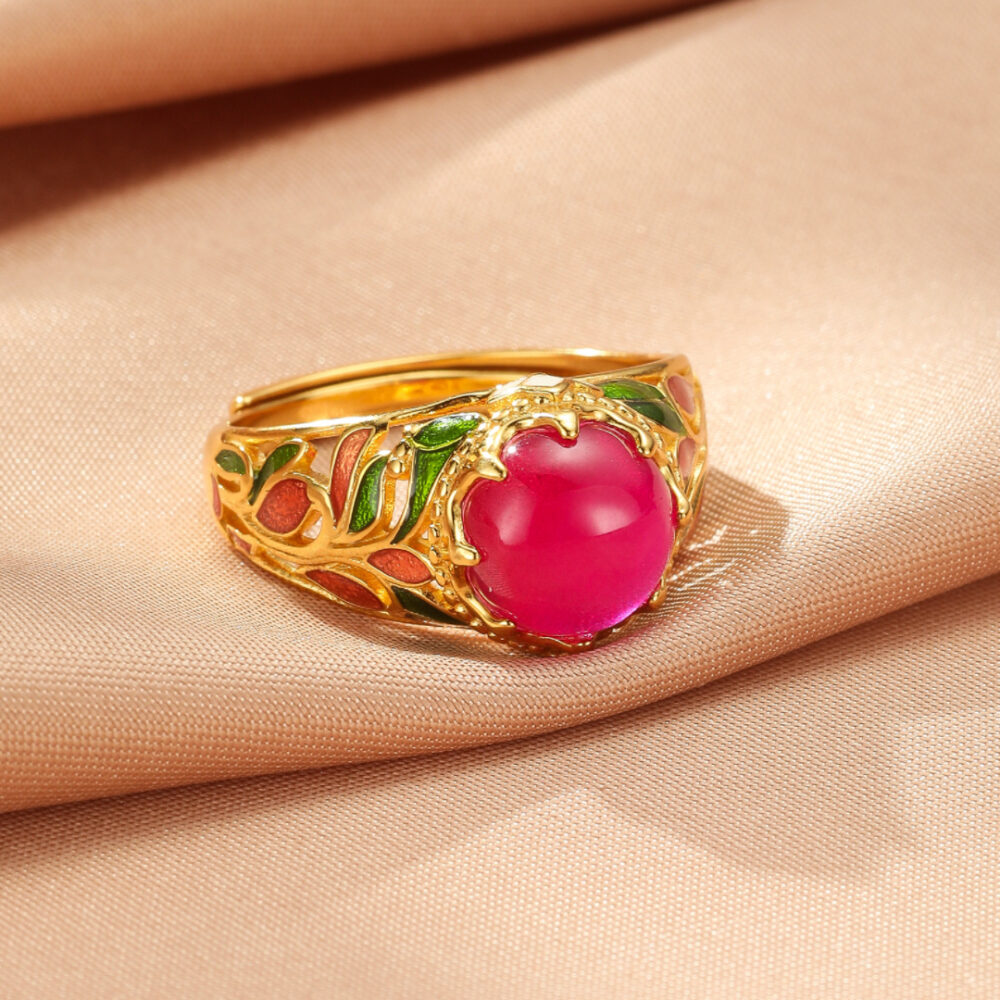 Bague Cornaline – Feuillage Impérial, Argent Émaillé