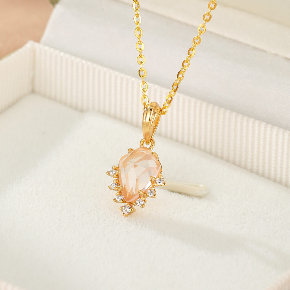 Collier Quartz Rose – Goutte Étoilée, Argent Plaqué Or 9K