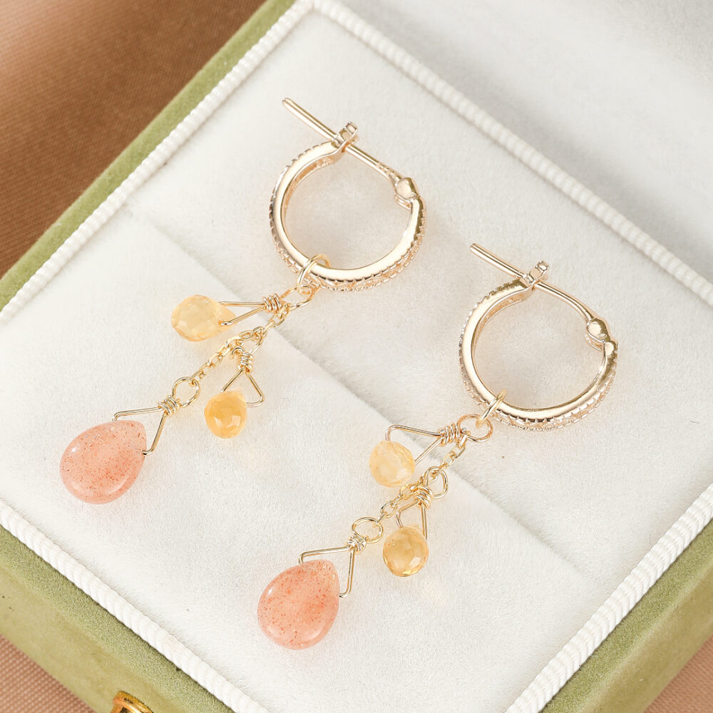 Boucles d'Oreilles Pierre de Soleil et Citrine – Rayons Bohèmes, Argent Plaqué Or