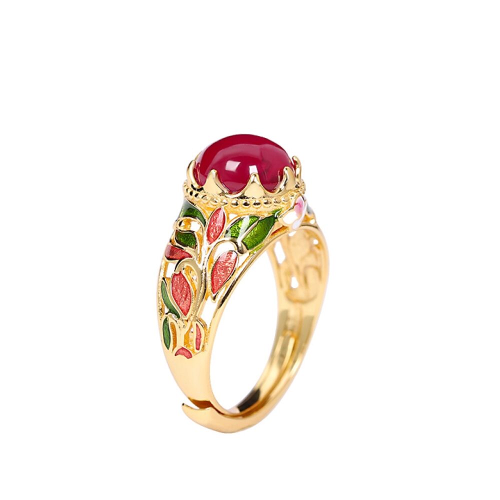 Bague Cornaline – Feuillage Impérial, Argent Émaillé